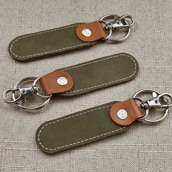 Lot of 3 Keychains Dual Tone Olive/Brown Genuine Leather Handmade keys Holder - Picture 2 of 11